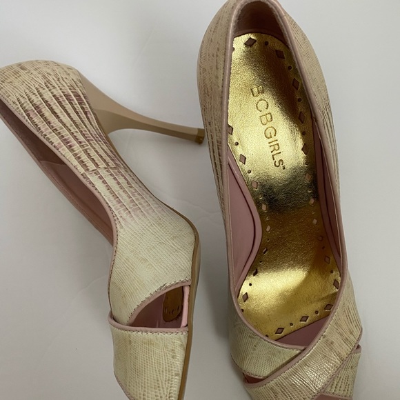 BCBGirls Cream/Pink Snake Print Heels - Picture 5 of 8